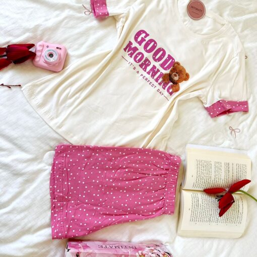 Pyjama Short Demi Manches Coton Blanc & Rose "Good Morning"
