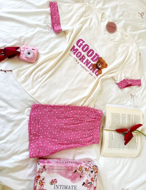Pyjama Short Demi Manches Coton Blanc & Rose "Good Morning" – Image 1