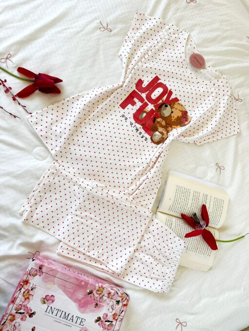 Pyjama Coton Blanc Pointillé Rouge "Joy Full" – Image 1