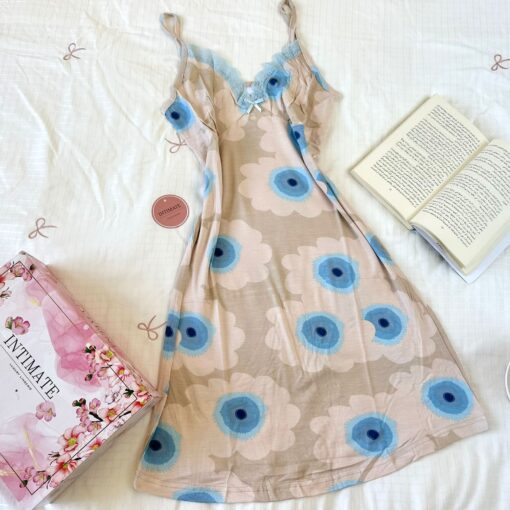 Pyjama Robe Bretelles en Coton Viscose Bleu Turquoise & Beige