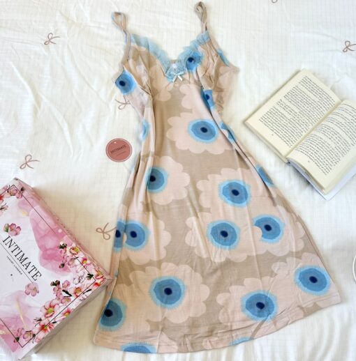 Pyjama Robe Bretelles en Coton Viscose Bleu Turquoise & Beige – Image 1