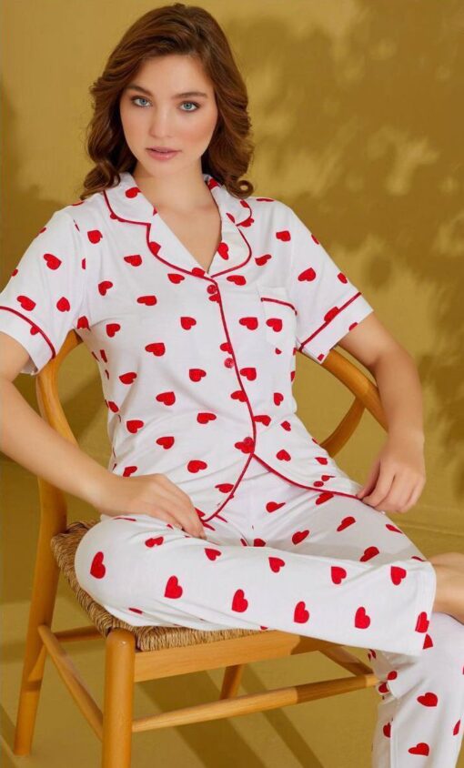 Pyjama Chemise Demi Manches Coton Blanc Imprimé Cœurs Rouges – Image 1