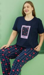 Pyjama Coton Bleu Imprimé Fleurs Rouges – Image 2