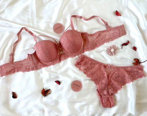 Soutien De Gorge et Culotte Dentelle Rose Nude – Image 1