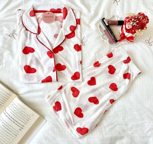 Pyjama Chemise et Short Coton Rose Imprimé Cœurs – Image 1
