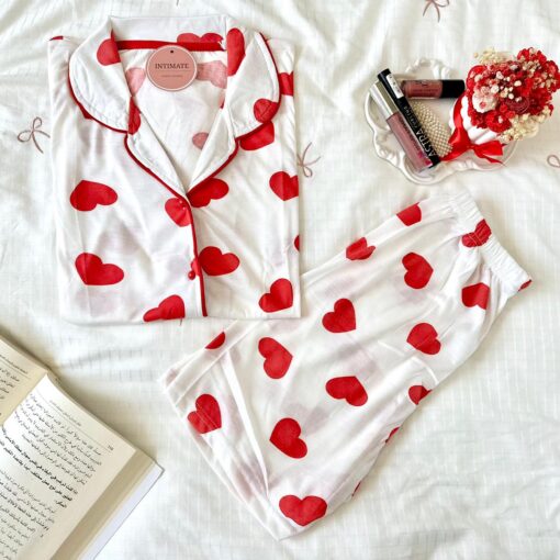 Pyjama Chemise et Short Coton Rose Imprimé Cœurs