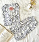 Pyjama Chemise et Short Coton Gris Imprimé Fleurs