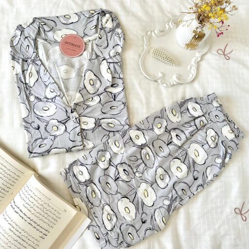 Pyjama Chemise et Short Coton Gris Imprimé Fleurs