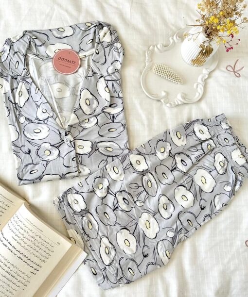 Pyjama Chemise et Short Coton Gris Imprimé Fleurs