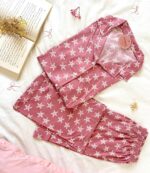 Pyjama Chemise Demi Manches Coton Rose Imprimé Étoiles