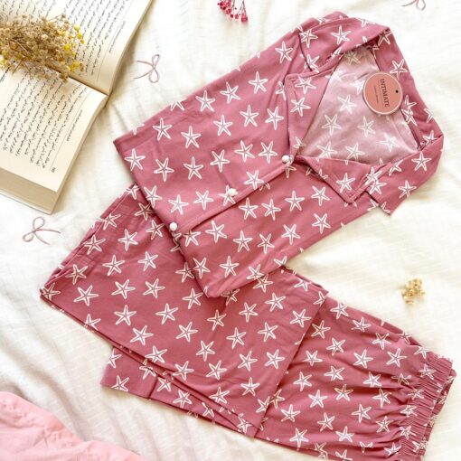 Pyjama Chemise Demi Manches Coton Rose Imprimé Étoiles