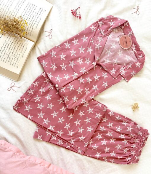 Pyjama Chemise Demi Manches Coton Rose Imprimé Étoiles – Image 1