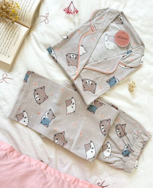 Pyjama Chemise Demi Manches Coton Beige Imprimé Chats – Image 1