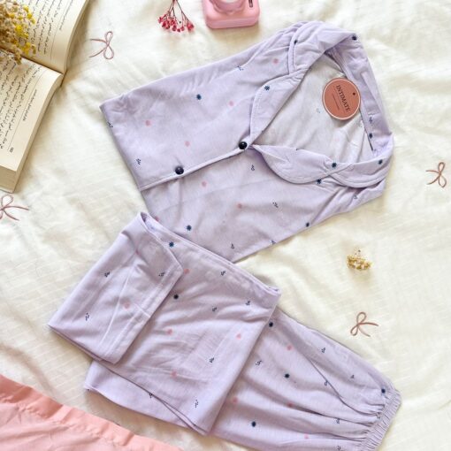 Pyjama Chemise Demi Manches Coton Lilas Pointillé