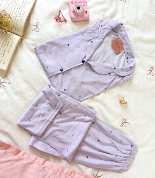 Pyjama Chemise Demi Manches Coton Lilas Pointillé – Image 1