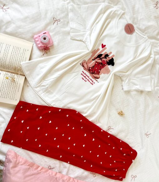 Pyjama Coton Pantacourt Rouge & Blanc Pointillé Cœurs – Image 1