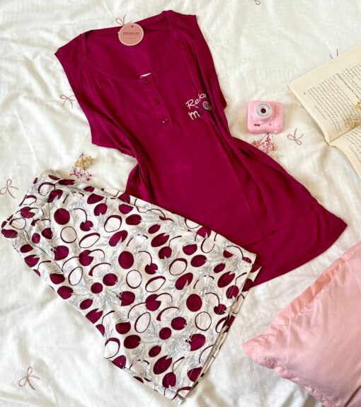 Pyjama Short Coton Rouge Bordeaux "Relax Mood" – Image 1