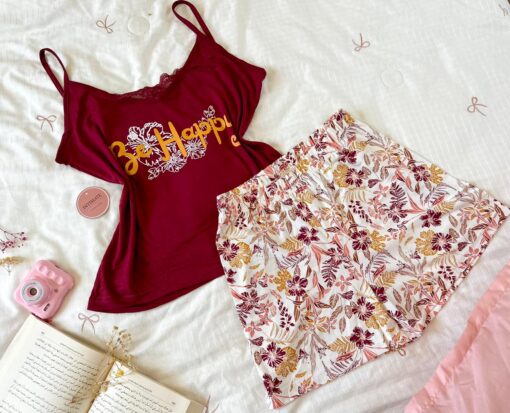 Pyjama Short Coton Rouge Bordeaux "Be Happy" – Image 1