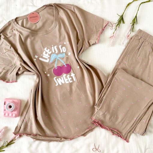 Pyjama Coton Beige "Life Is So Sweet"