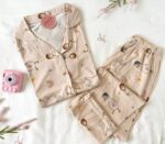 Pyjama Chemise Demi Manches Coton Beige Imprimé