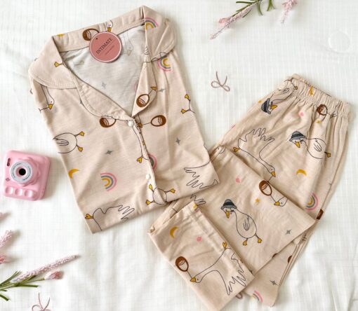 Pyjama Chemise Demi Manches Coton Beige Imprimé – Image 1