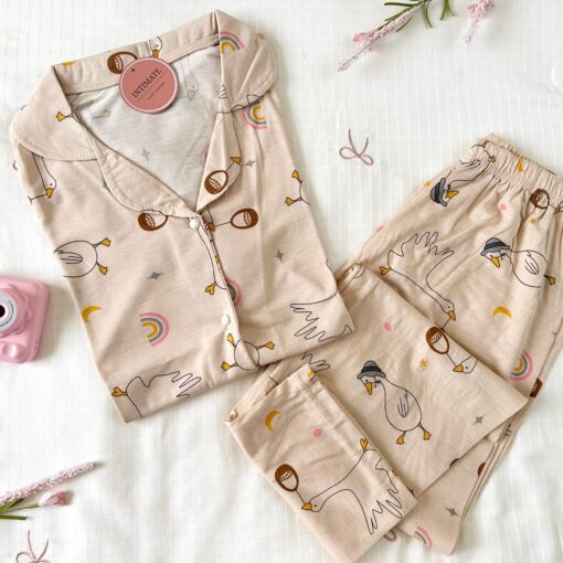 Pyjama Chemise Demi Manches Coton Beige Imprimé