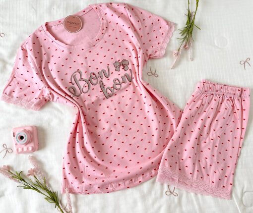 Pyjama Short Demi Manches Coton Blanc & Rose Bébé Pointillé Cœurs "BonBon" – Image 1