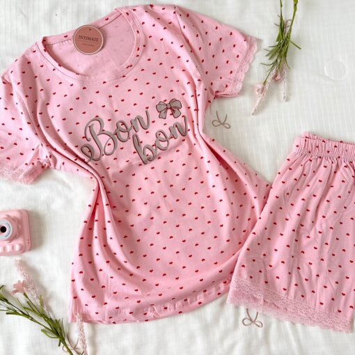 Pyjama Short Demi Manches Coton Blanc & Rose Bébé Pointillé Cœurs "BonBon"