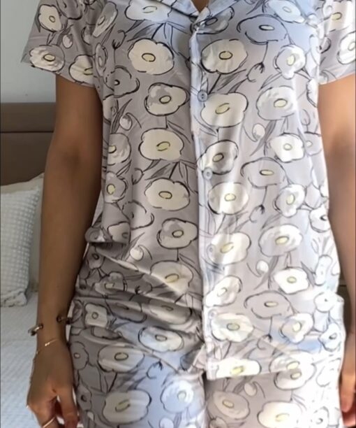 Pyjama Chemise et Short Coton Gris Imprimé Fleurs