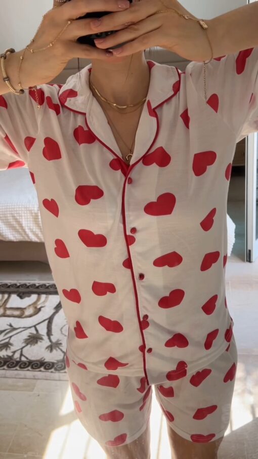 Pyjama Chemise et Short Coton Rose Imprimé Cœurs – Image 2