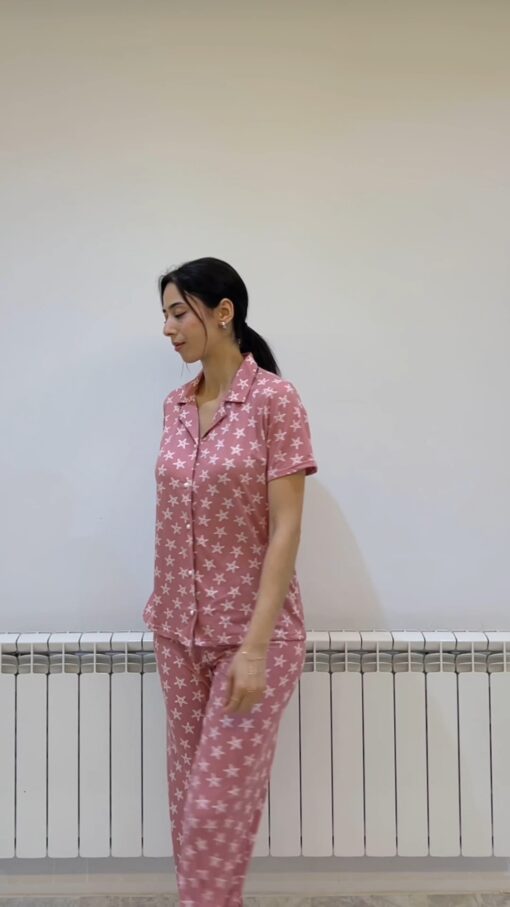 Pyjama Chemise Demi Manches Coton Rose Imprimé Étoiles – Image 2