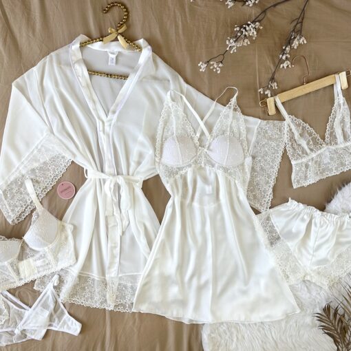 Parure Blanche 7 Pièces Satin De Soie