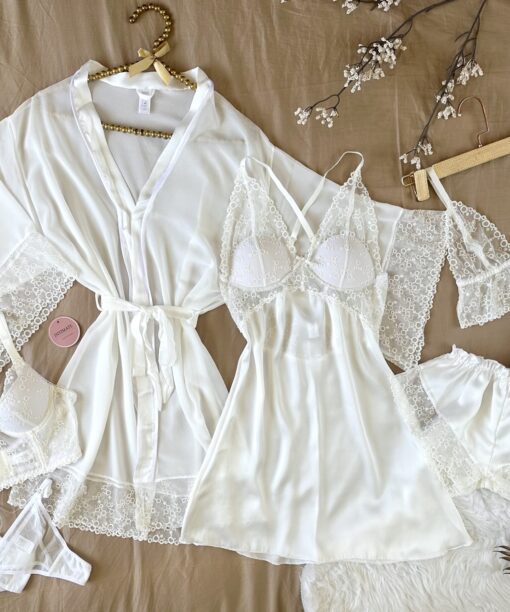 Parure Blanche 7 Pièces Satin De Soie