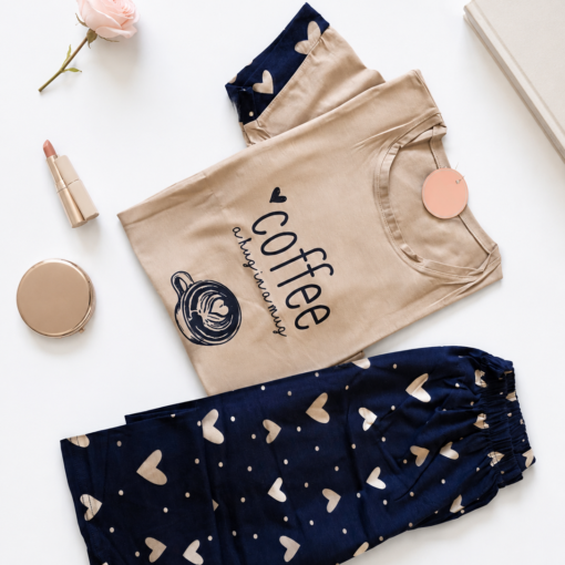Pyjama pantacourt Coton Beige & Marron "Coffee"