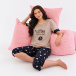 Pyjama pantacourt Coton Beige & Marron "Coffee" – Image 2