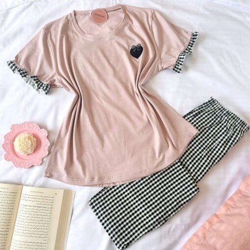 Pyjama Coton Beige & Carreaux Blanc & Noir