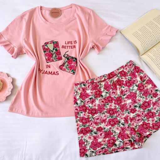 Pyjama Short Demi Manches Coton Rose & Fleurie
