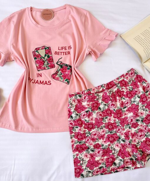 Pyjama Short Demi Manches Coton Rose & Fleurie
