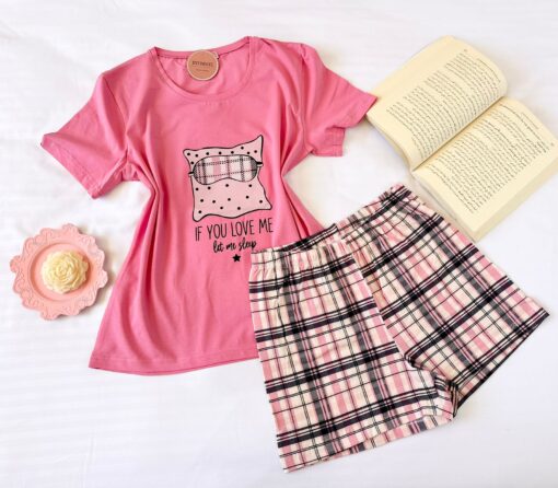 Pyjama Short Demi Manches Coton Rose & Carreaux – Image 1