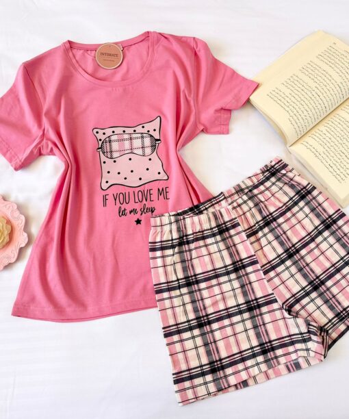 Pyjama Short Demi Manches Coton Rose & Carreaux