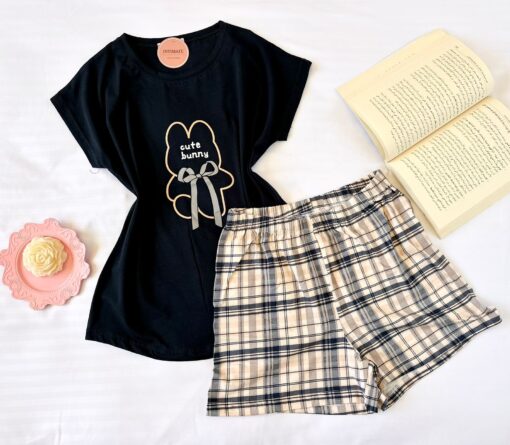 Pyjama Short Demi Manches Coton Bleu Nuit & Carreaux – Image 1