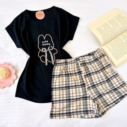 Pyjama Short Demi Manches Coton Bleu Nuit & Carreaux