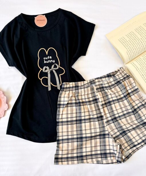 Pyjama Short Demi Manches Coton Bleu Nuit & Carreaux