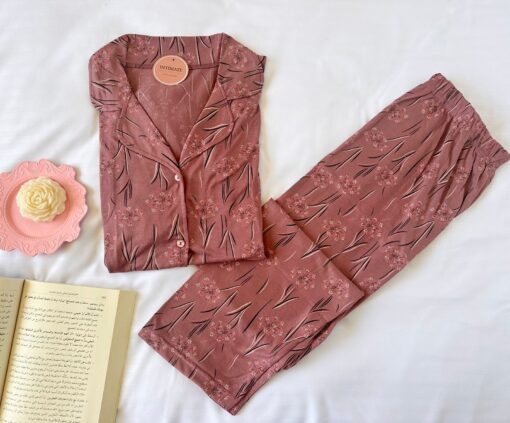 Pyjama Chemise Demi Manches Coton Rose Indien Imprimé Fleurs – Image 1