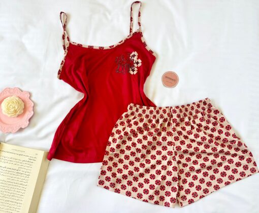 Pyjama Short Bambo Rouge Imprimé Fleurs – Image 1