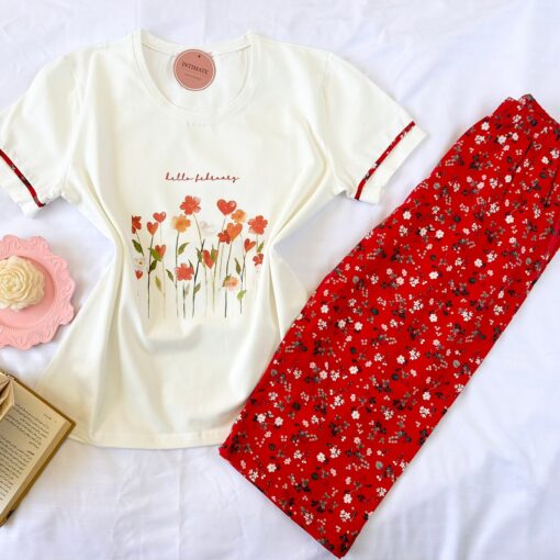 Pyjama Coton Pantacourt Rouge & Blanc Imprimé Fleurs