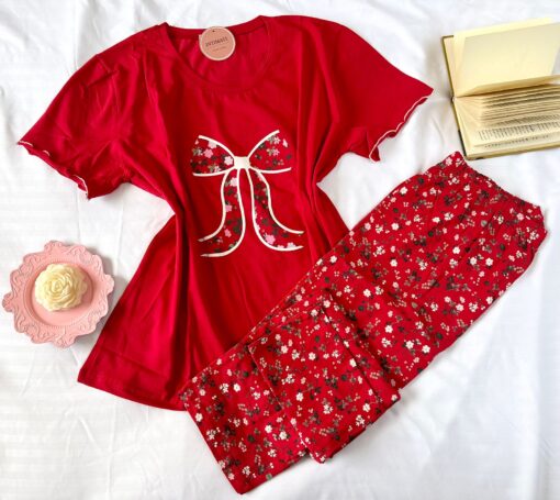 Pyjama Coton Rouge Imprimé Fleurs – Image 1