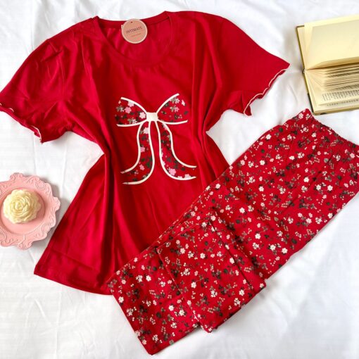 Pyjama Coton Rouge Imprimé Fleurs