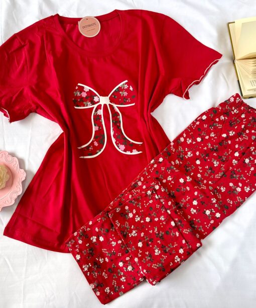 Pyjama Coton Rouge Imprimé Fleurs