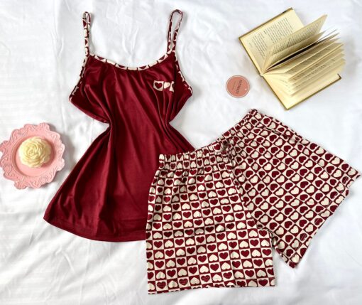 Pyjama Short Coton Rouge Imprimé Cœurs – Image 1